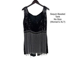 Vintage Sequin Beaded Tank Top Black White Fringe Pearl Detail Womens XL No Tag
